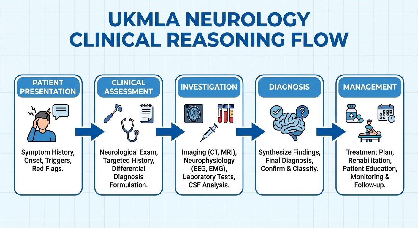 UKMLA neurology clinical reasoning flowchart from presentation to management