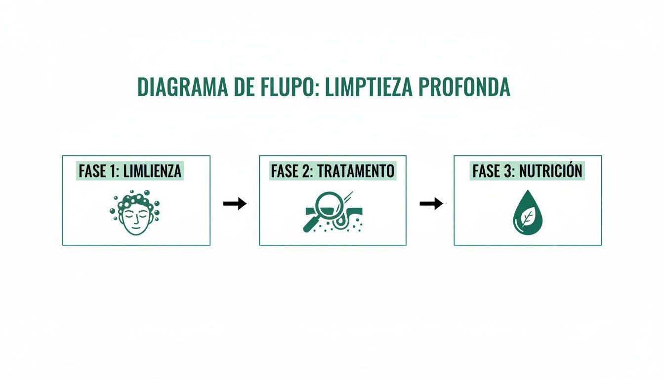 Diagrama de flujo que muestra los pasos para una limpieza facial profunda: limpieza, tratamiento y nutrición.