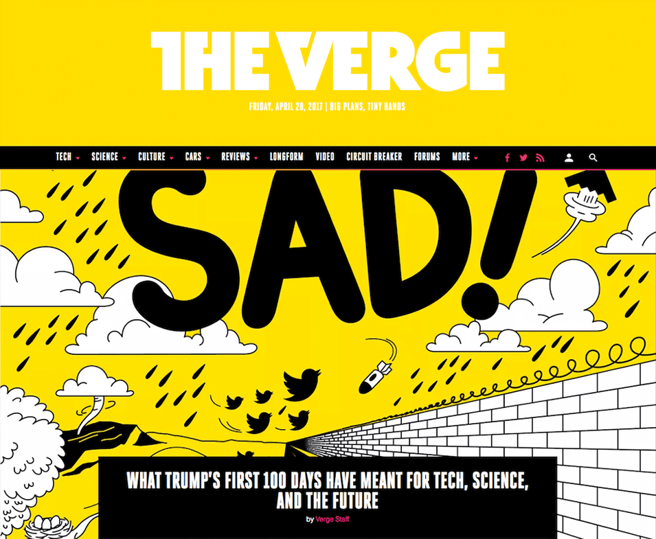 Comparison of the Verge’s homepage, changing based on the masthead design and hero photography.
