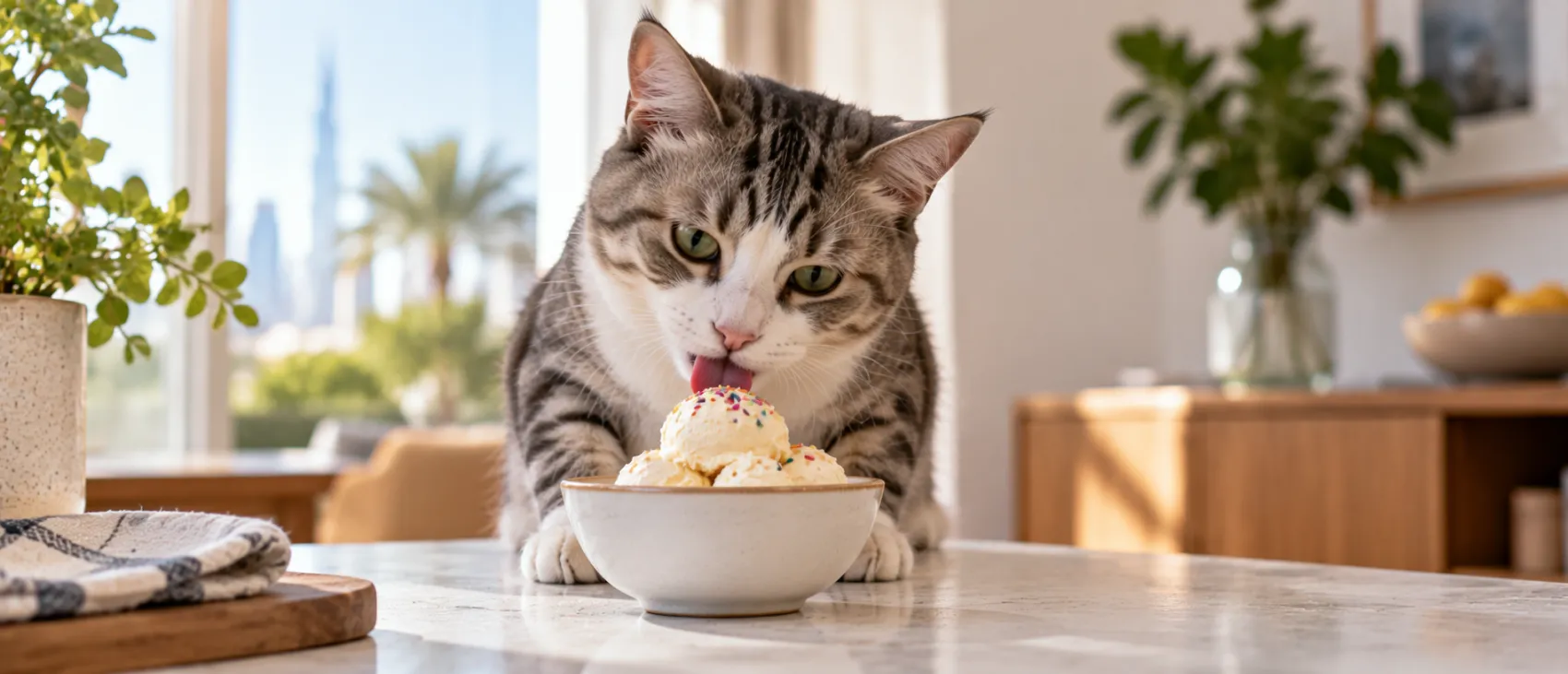 A tabby cat licking a bowl of ice cream with sprinkles on a kitchen counter.