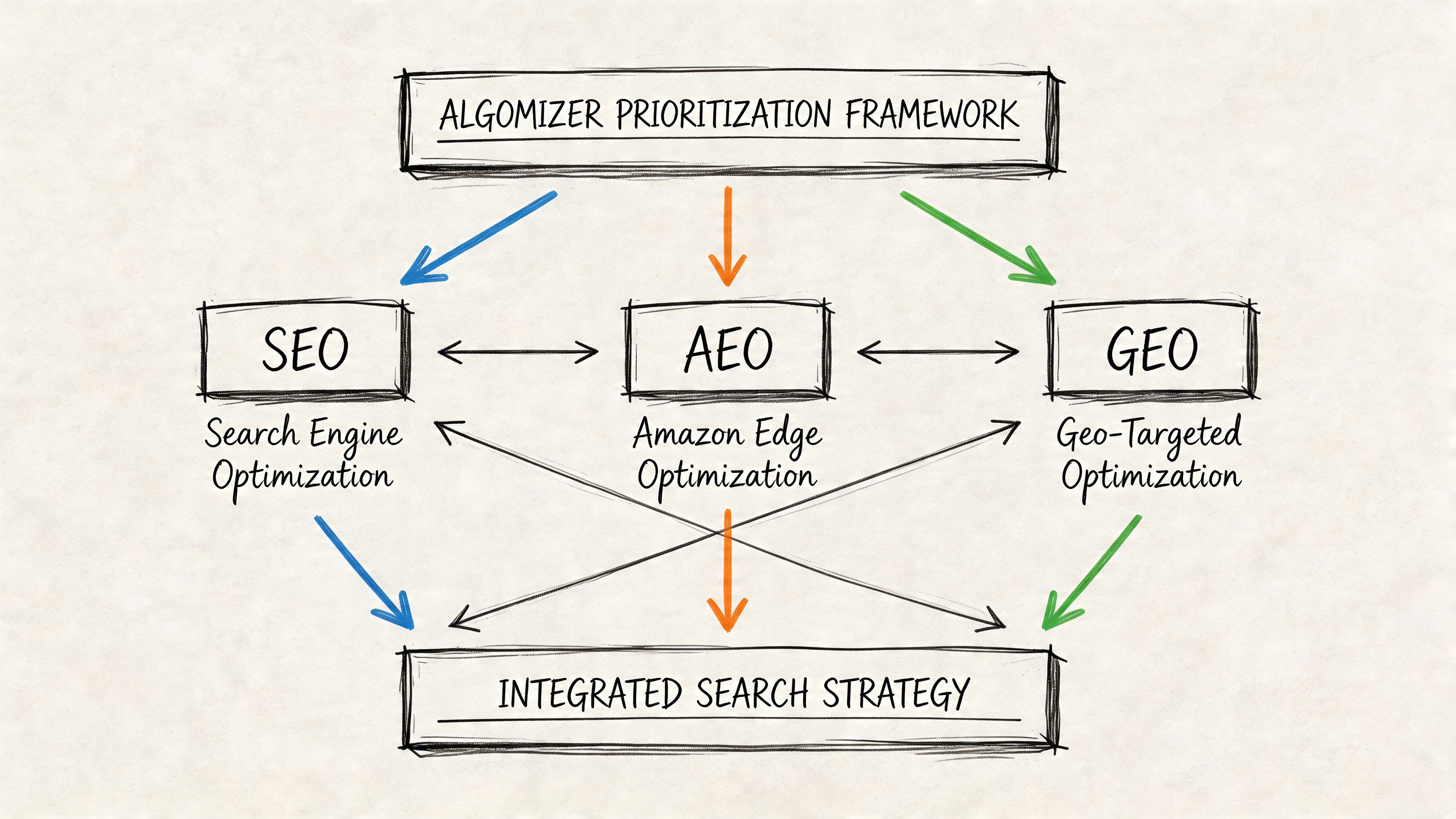 A diagram illustrating the Algomizer Prioritization Framework showing connections between SEO, AEO, and GEO integrated search strategies.