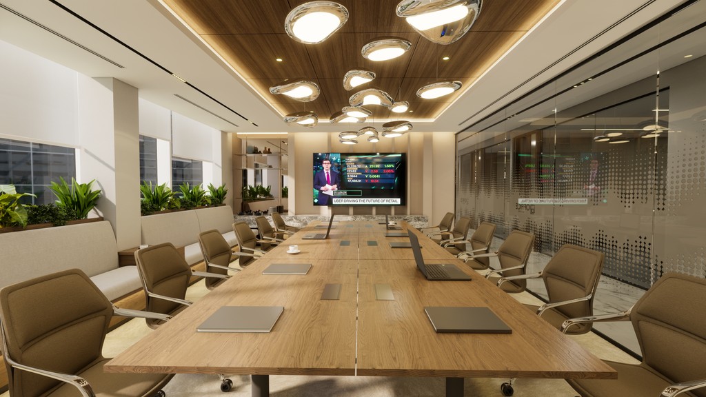 Modern conference room in Dubai featuring a long wooden table, executive seating, integrated screen display, and biophilic design accents.