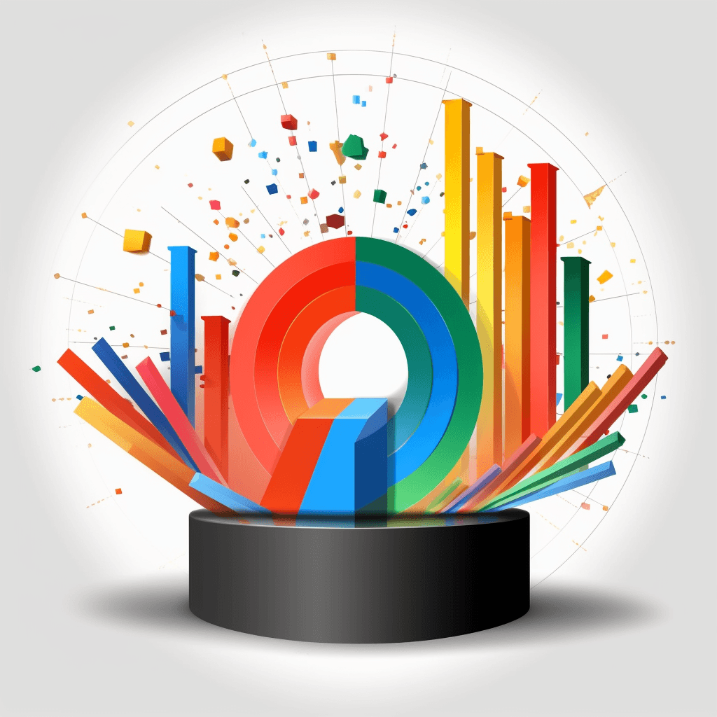 A dynamic 3D infographic featuring a colorful circular element with a keyhole at the center, surrounded by rising bar graphs in various colors, suggesting data security and analytics concepts. The background is adorned with scattered geometric shapes, adding to the sense of innovation and digital technology.