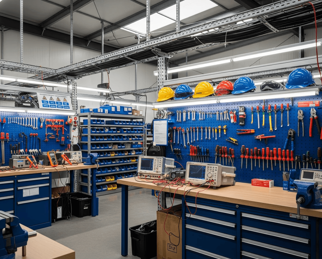 Clean and organized electrical services workplace in Australia with professional equipment and workbenches, representing Mega Electrics’ operational environment.