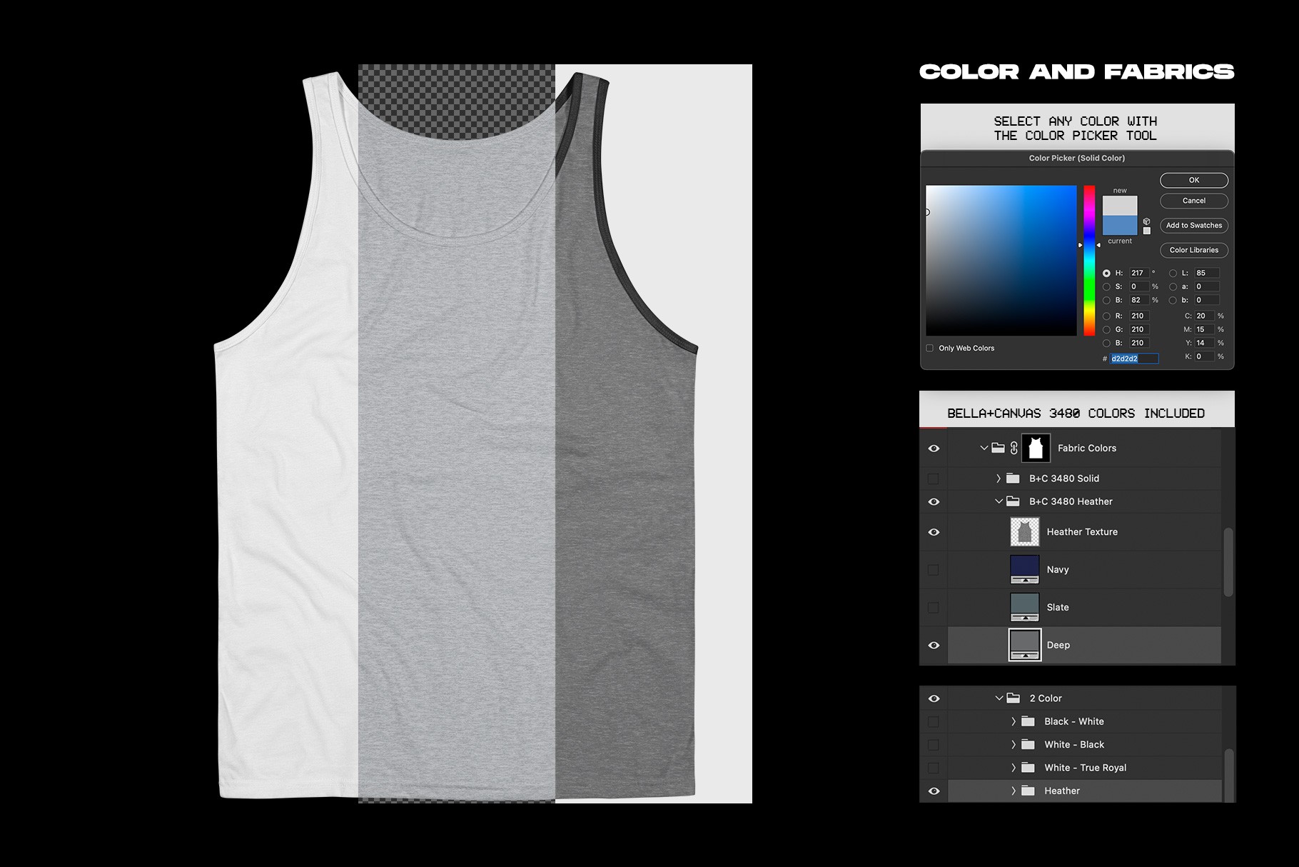 Bella+Canvas 3480 Tanktop Wrinkled mockup fabric color options with Photoshop controls