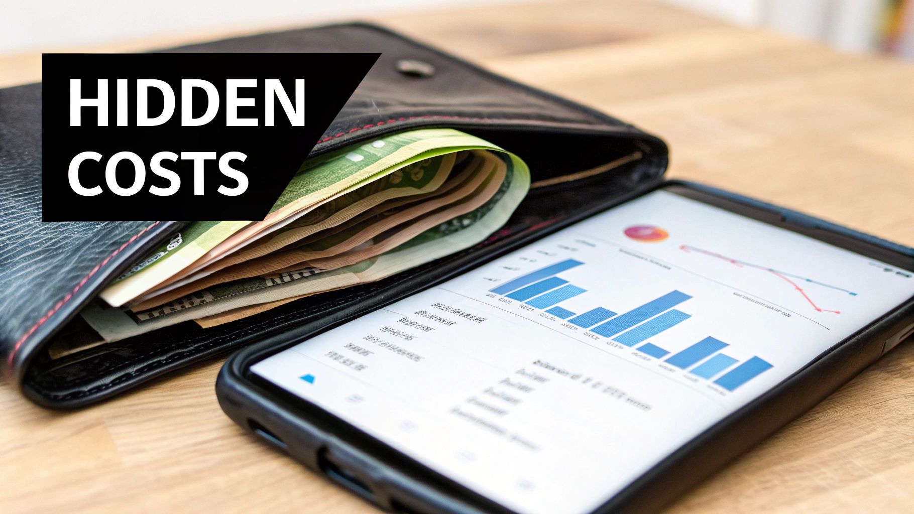 Black leather wallet filled with cash next to smartphone displaying financial charts representing hidden costs