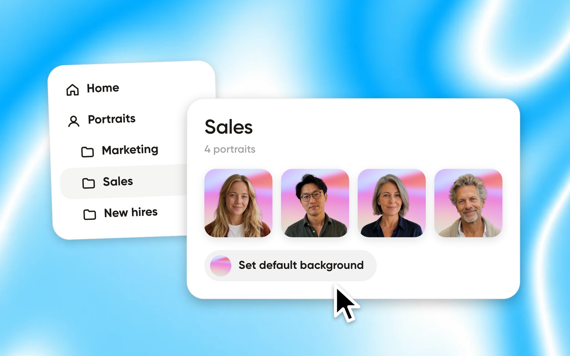 The Aaavatar sidebar with team folders next to the Sales folder: four portraits on the same pastel background and a Set default background button