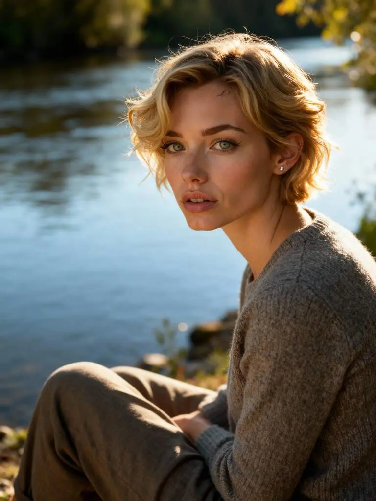 short blond hair girl thinking by the river,Luma AI Dream Machine