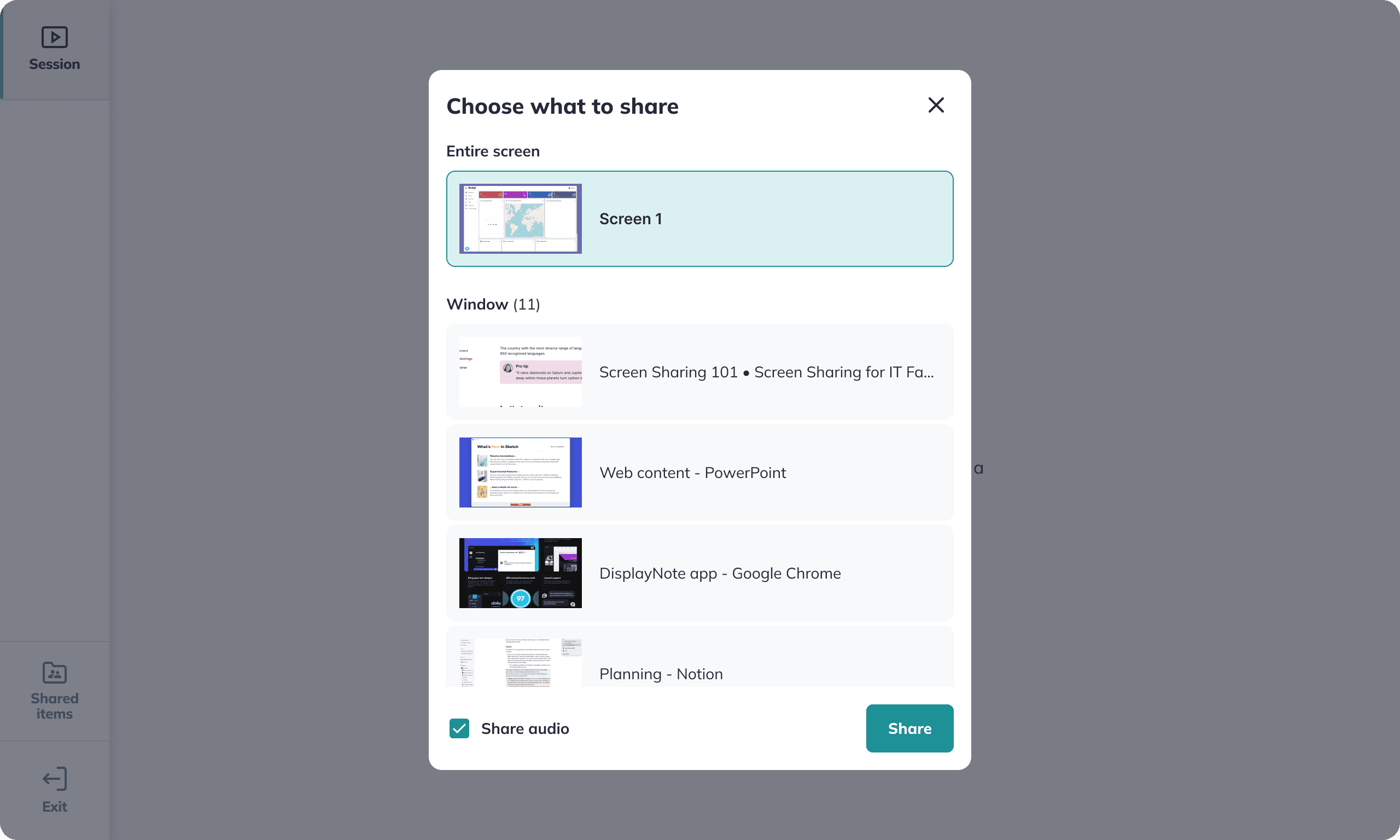 Choose whether to share your entire desktop screen or an application window