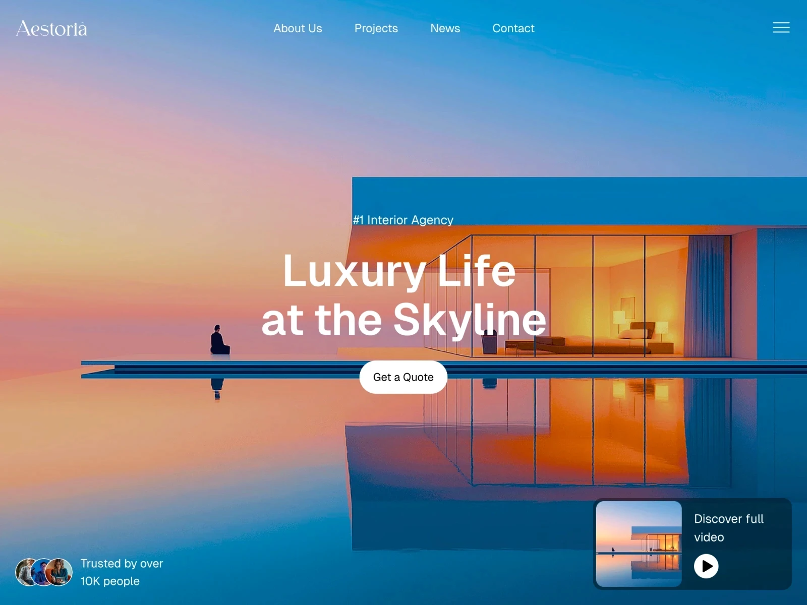 Aestoria architecture website featuring a modern glass home reflecting in water at dusk.
