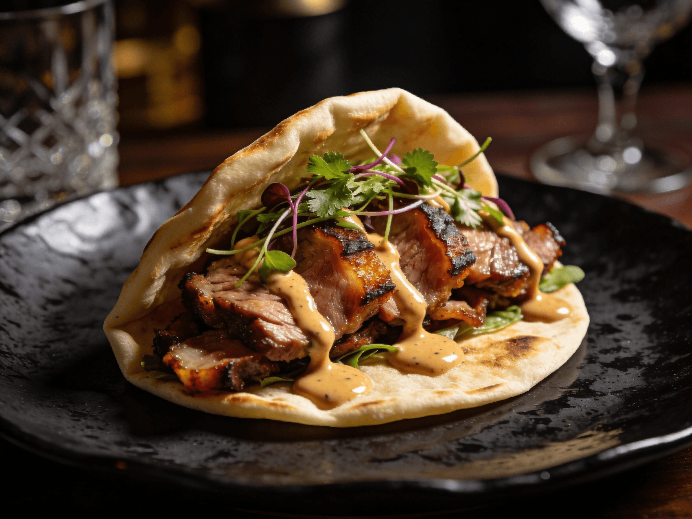 Gourmet plated tacos árabes with marinated pork and tortillas by a Houston private chef