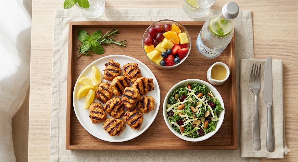 An overhead view of a healthy high-protein meal on a wooden tray, featuring grilled chicken breast medallions, a kale salad with nuts, a bowl of fresh mixed fruit, and a lime sparkling water, styled in a clean wellness aesthetic.