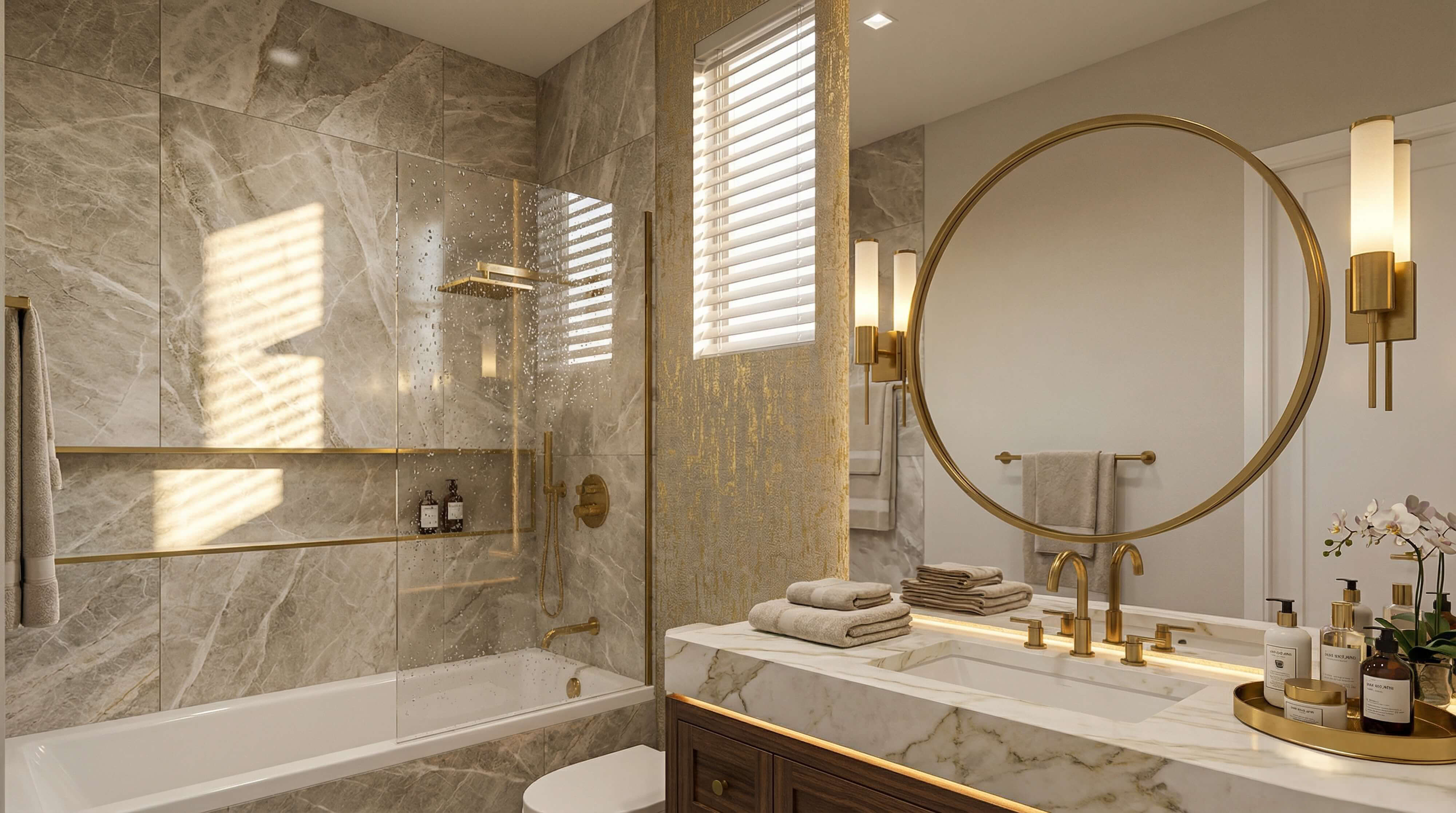 Hotel-inspired luxury bathroom with marble shower surround, brass fixtures, illuminated vanity, and refined neutral color palette.