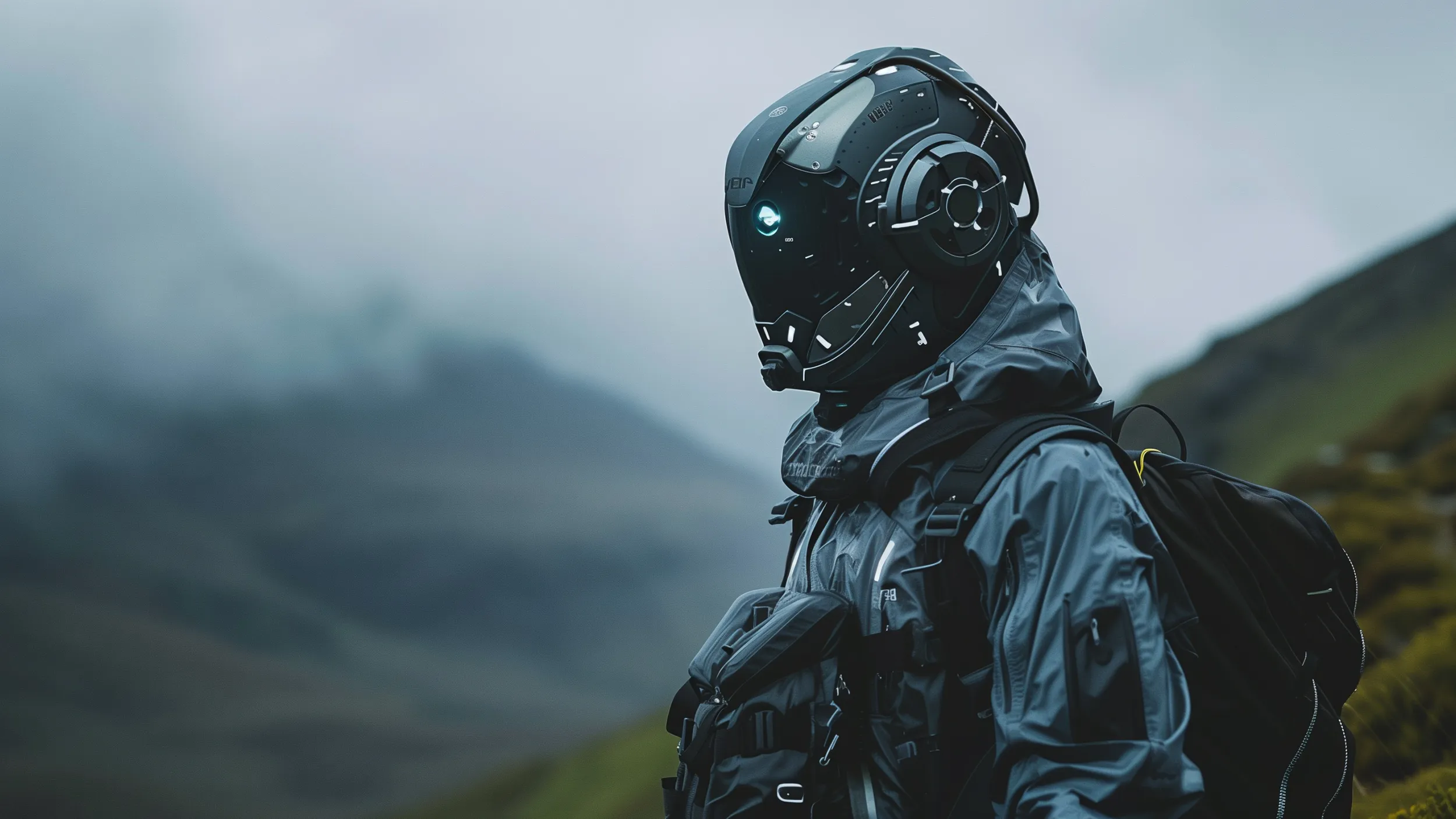 A figure in a futuristic helmet and outdoor gear stands on a misty Scottish hillside — AI and the outdoors, converging.