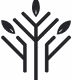 Logo design featuring symmetrical shapes resembling branches or leaves, in a bold black silhouette.