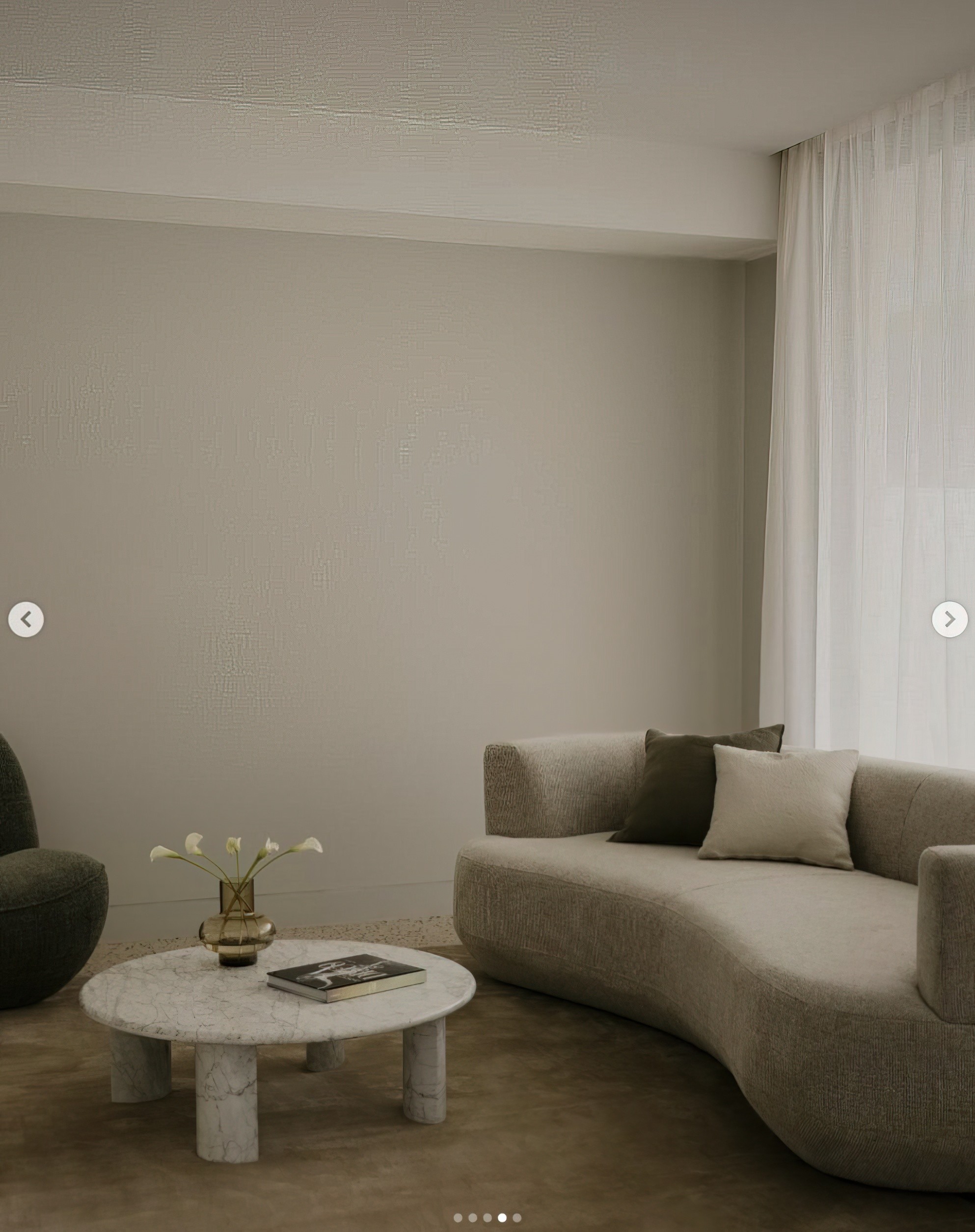 Photorealistic residential interior visualisation by James Lyons of PixelSpaces of a contemporary home designed by Two Style Interiors Melbourne. Featuring a curved designer sofa, marble coffee table, textured finishes, natural light and luxury minimalist living room architecture for residential marketing and design presentation.