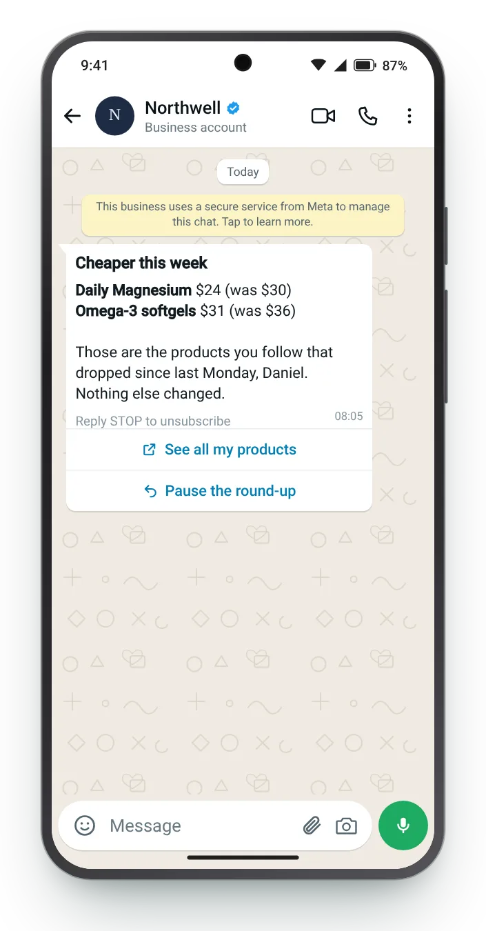 One weekly round-up instead of many alerts: WhatsApp price drop message on an Android phone