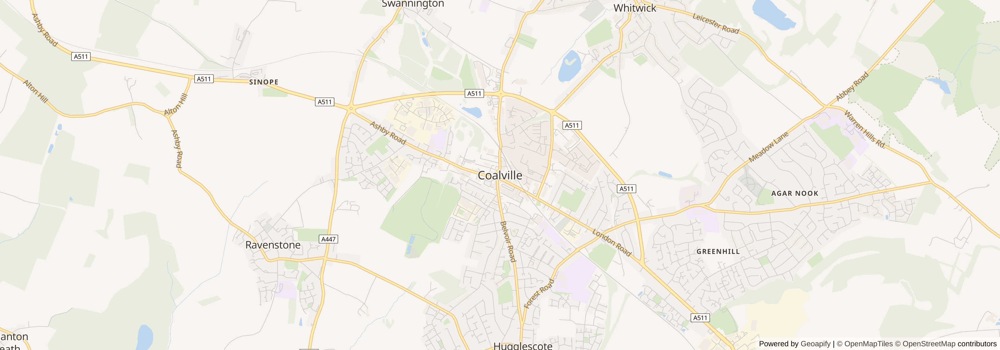 Street map of Coalville, Leicestershire showing main roads and nearby areas