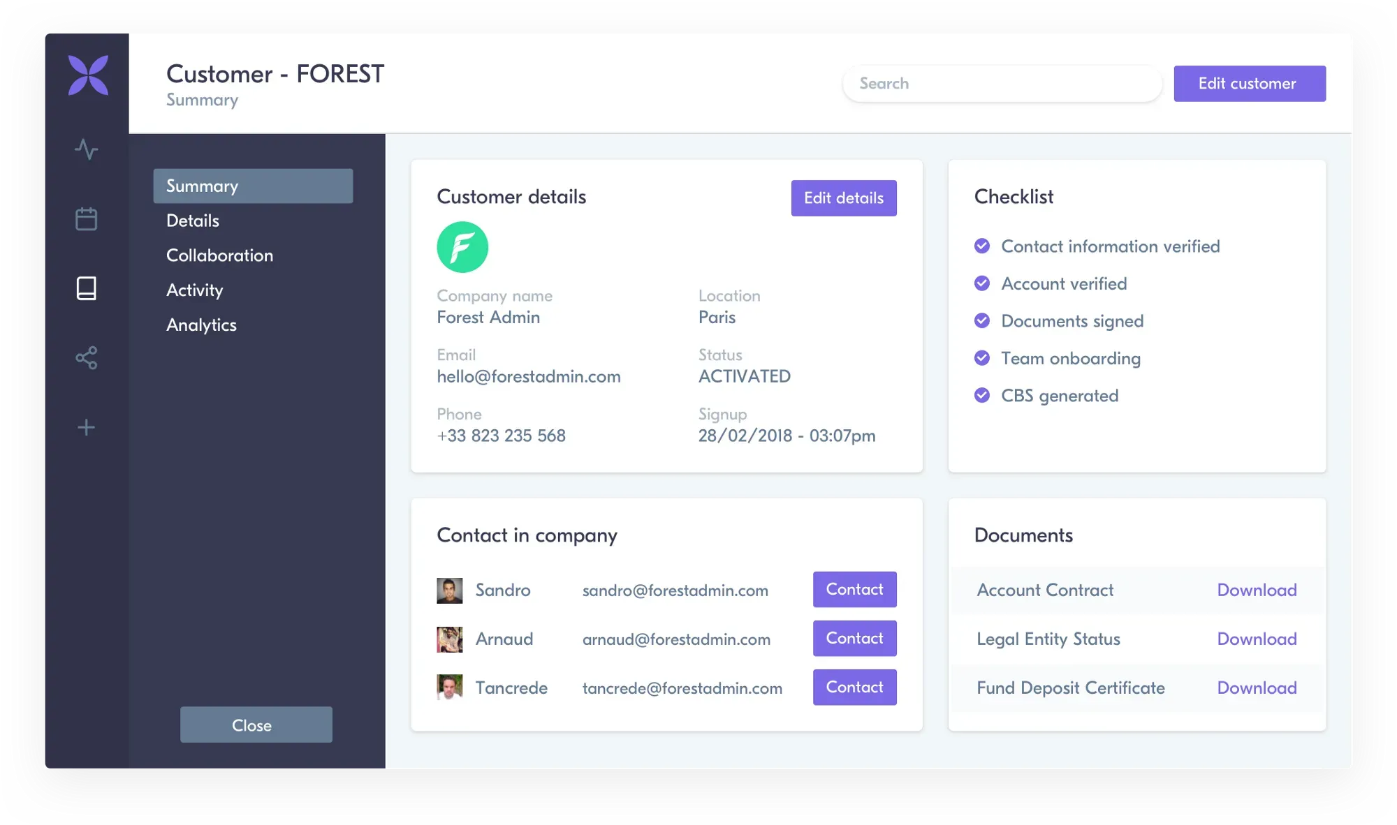 Qonto customer details information in Forest Admin.