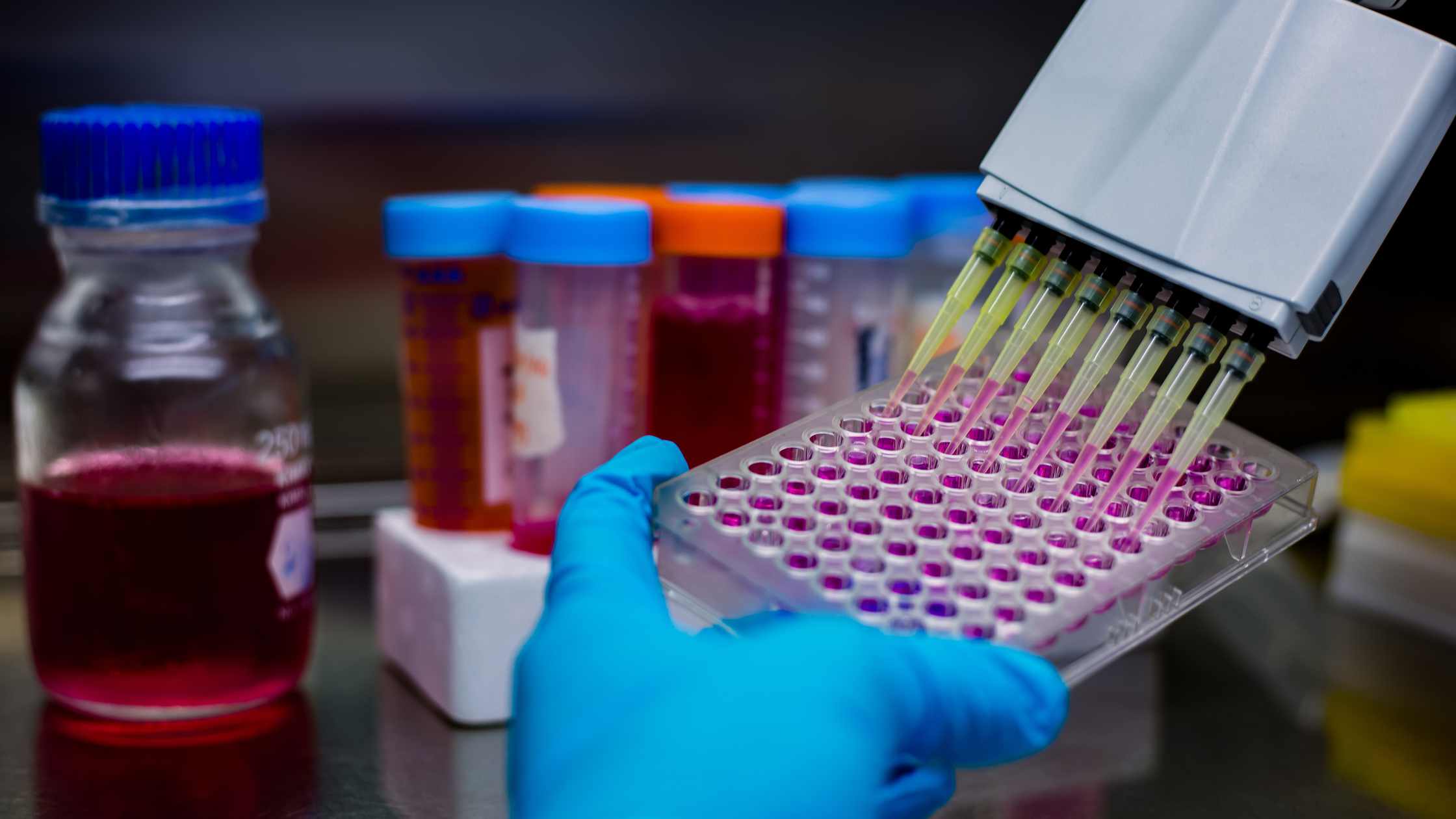 A scientist pipetting liquid into a tray of vials.