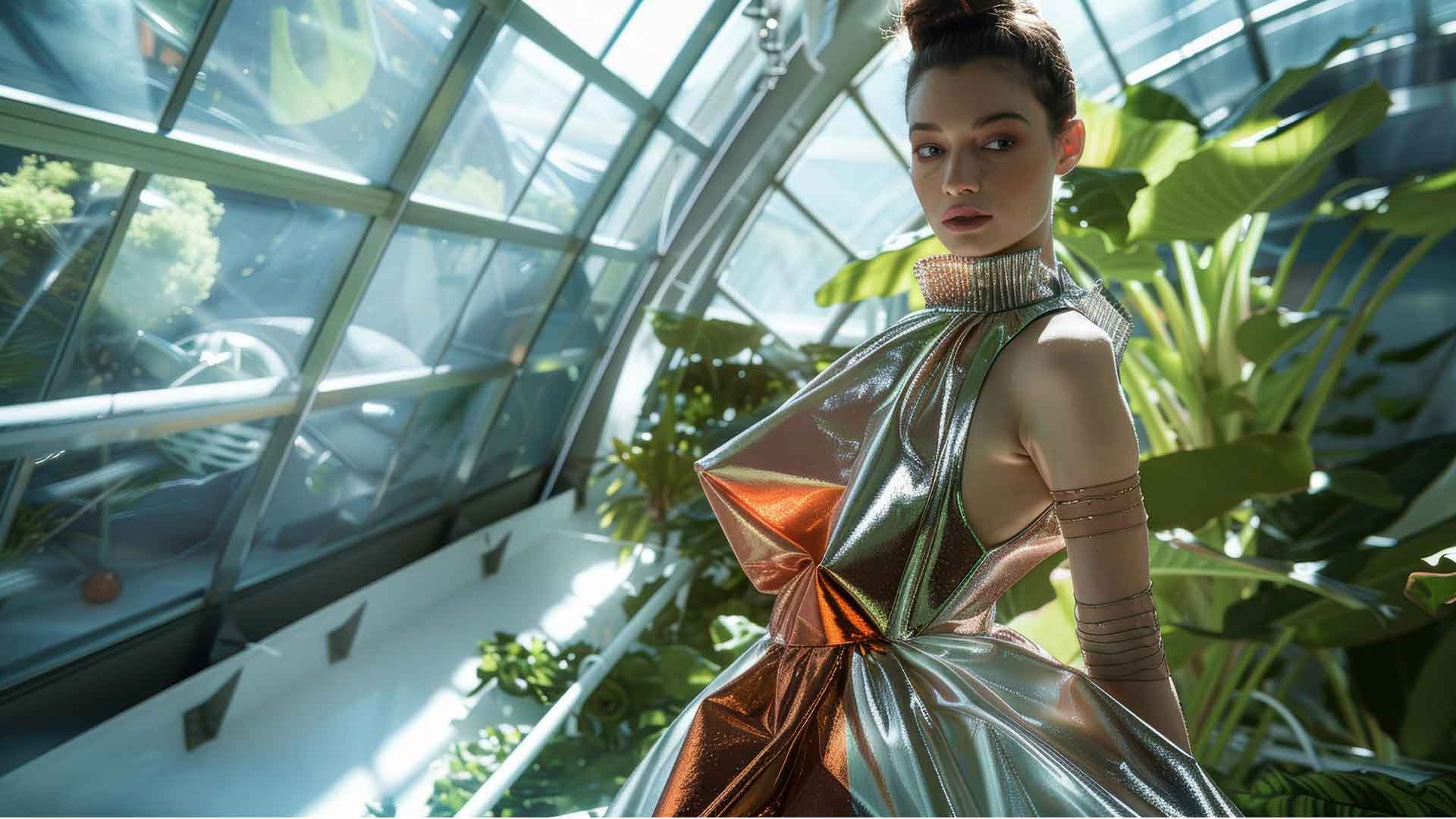 Luxury fashion models wearing sustainable haute couture gowns made from innovative eco-friendly materials, showcasing 2026's sustainable fashion revolution with carbon-neutral luxury designs