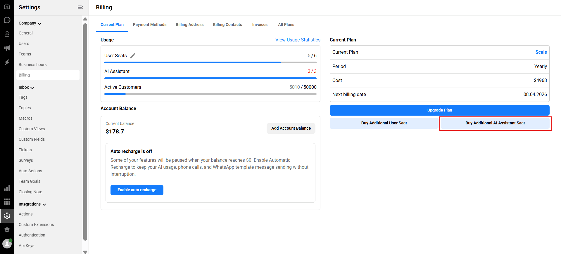 Buy additional AI assistant seat button in Qpien billing settings