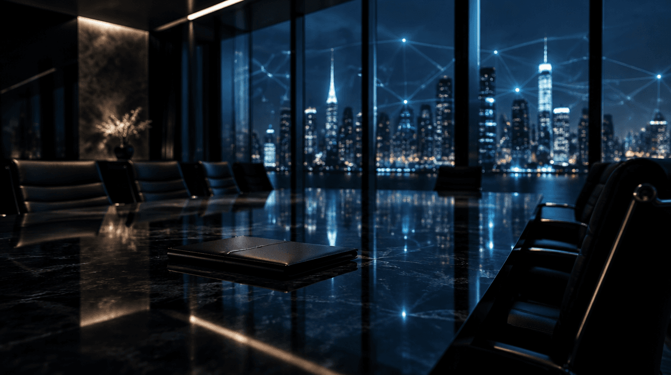 Empty executive boardroom at night overlooking a city skyline with faint network lines
