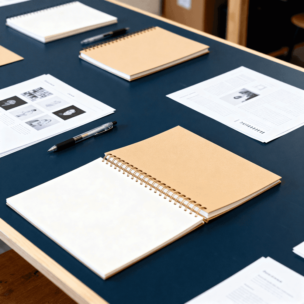Mesa de trabalho com cadernos, canetas e materiais impressos organizados, representando o ambiente de treinamentos e formações para equipes institucionais.