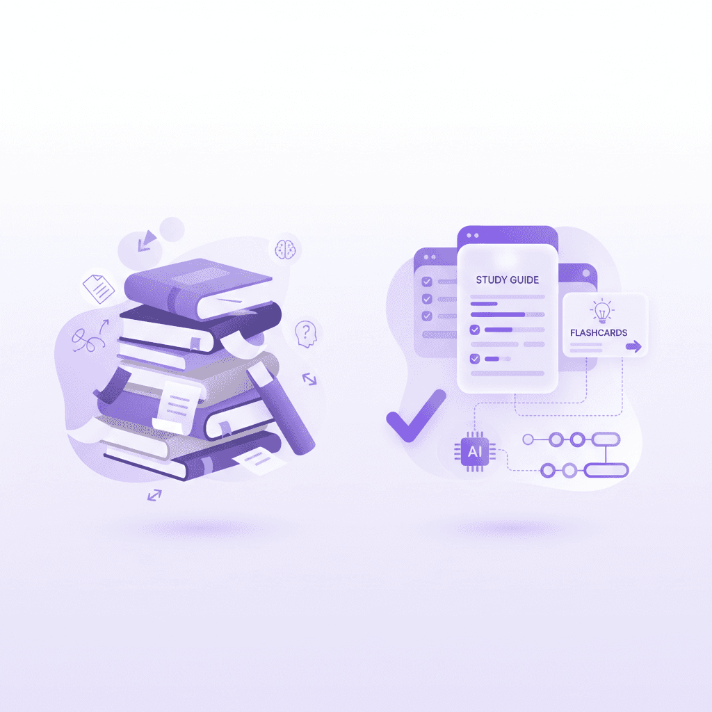 A split-screen graphic showing a messy stack of textbooks and notes on the left, and a clean, organized digital interface with a structured study guide and flashcards on the right.