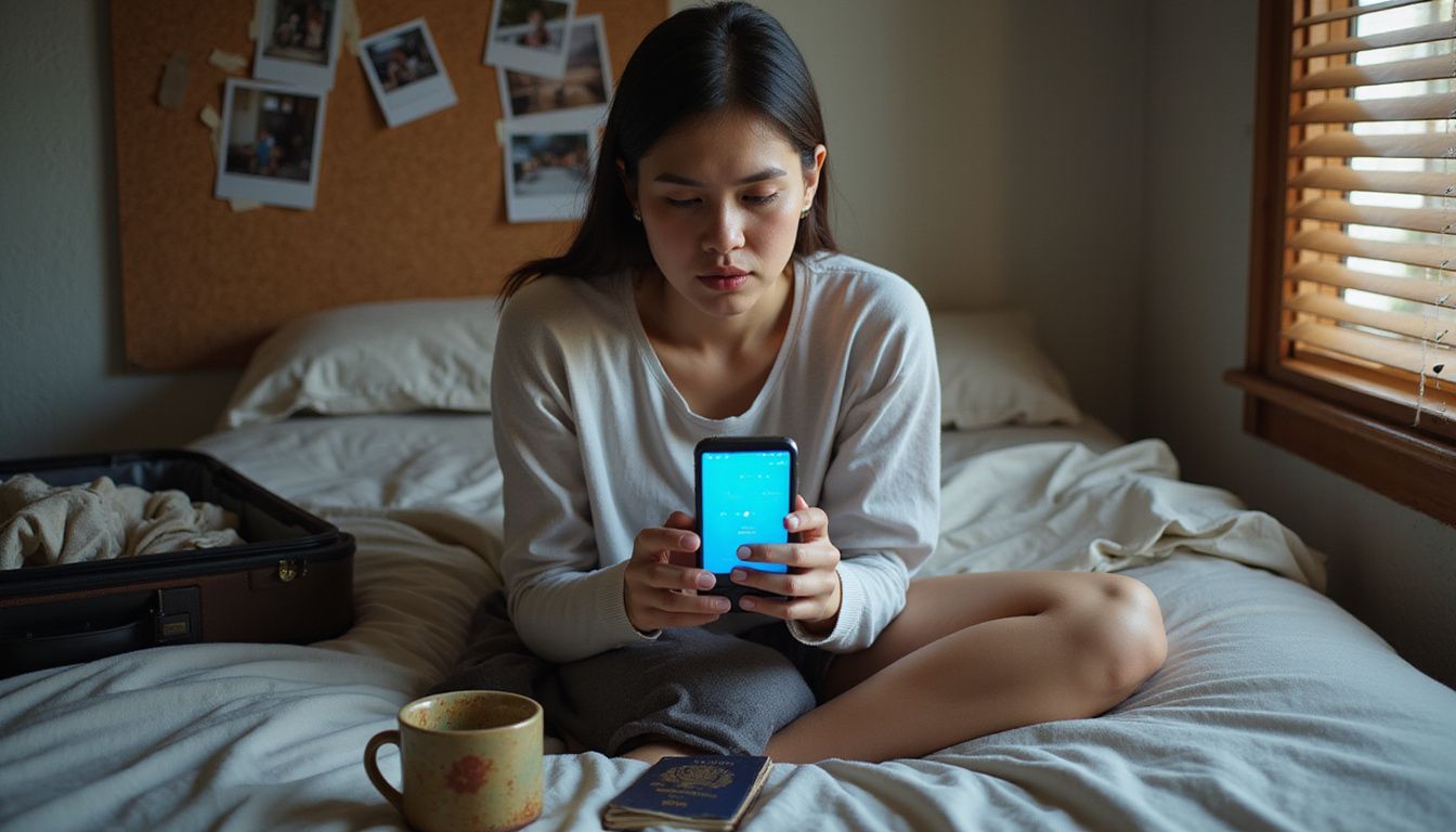 A woman prepares for travel amidst cluttered belongings and anxious focus.