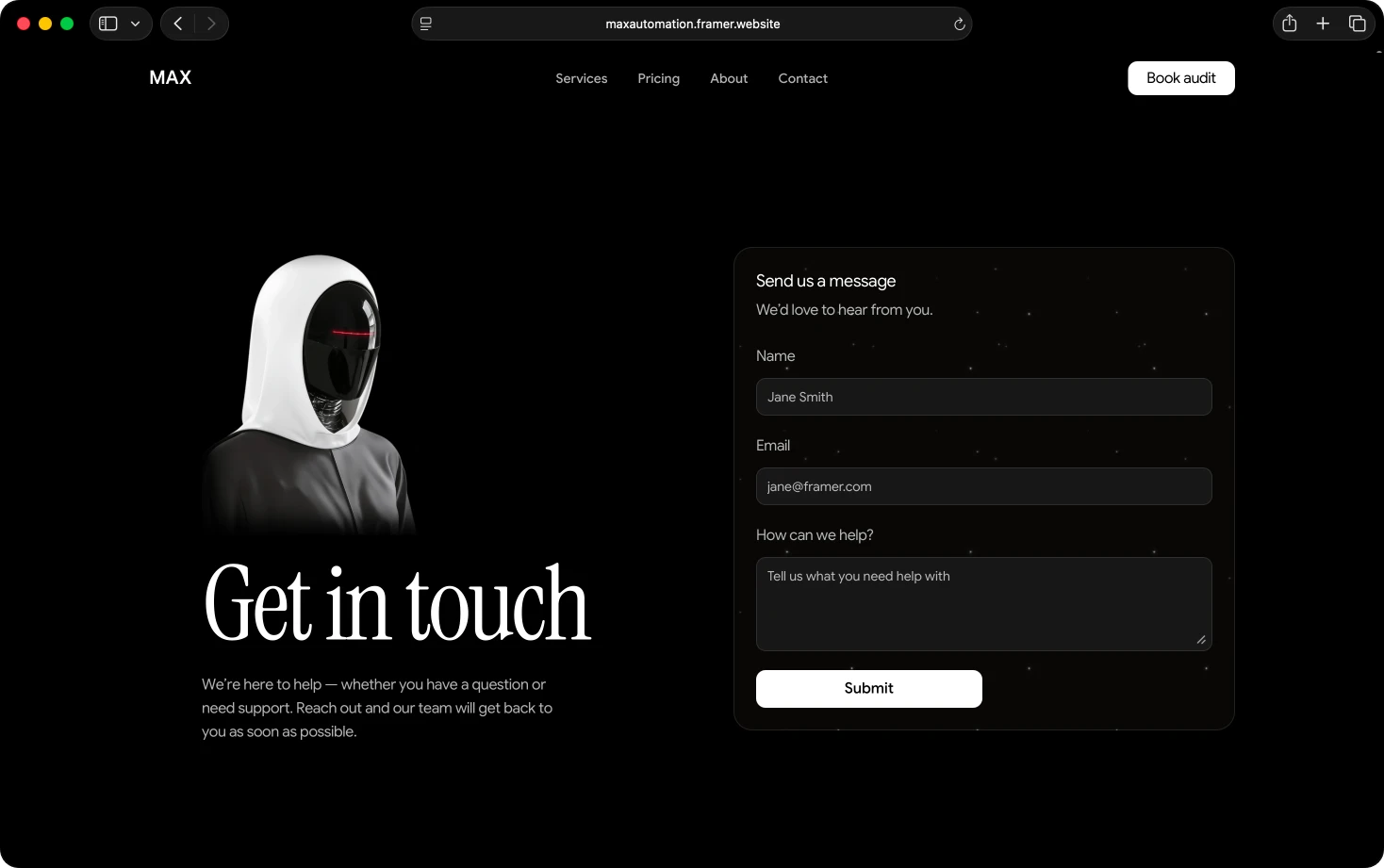 Kontaktsidan ”Get in touch” i MAX-mallen med ett kontaktformulär och en robot i profil.