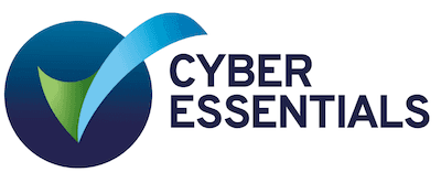 Cyber Essentials logo with a blue circular icon and a green tick, alongside the text “Cyber Essentials”.