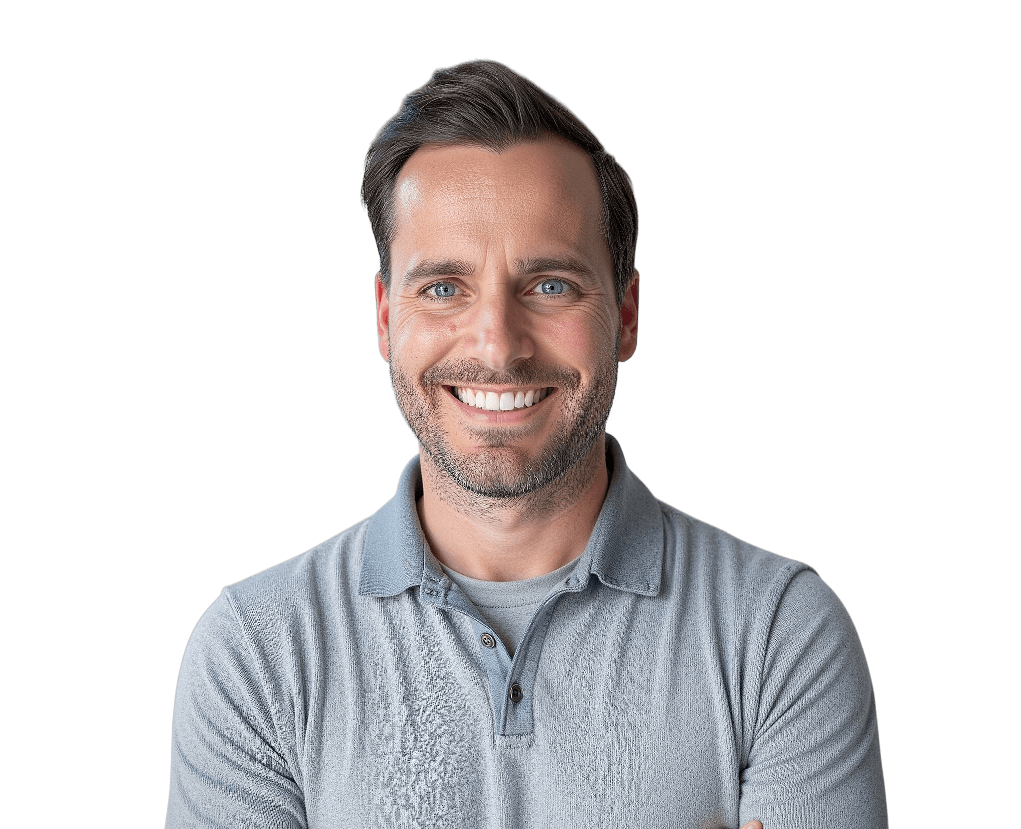Timothy Beumer, Meta Ads specialist en golfexpert, kijkt met een brede glimlach in de camera, gekleed in een grijze polo, met zijn functietitel “Meta Ads / Golf expert” in beeld.