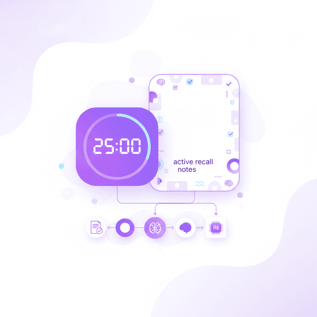 A close-up of a visual timer set to 25 minutes next to a blank sheet of paper filled with active recall notes