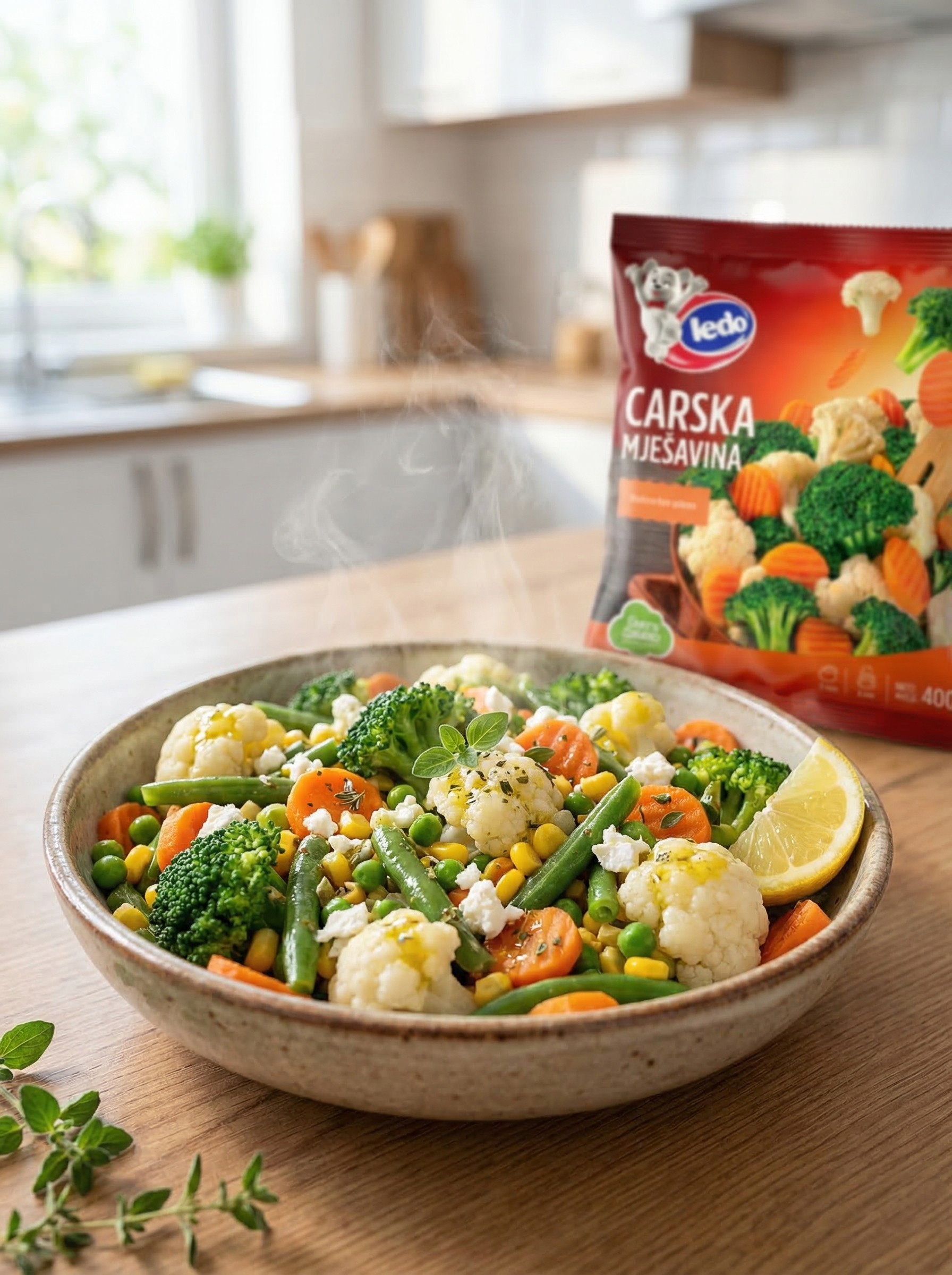 Bereide mediterrane groentemix met broccoli, bloemkool en groenten in een keuken setting