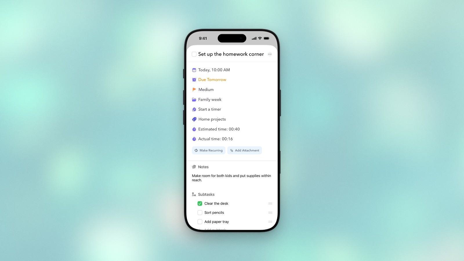 The same Ellie task editor inside a black iPhone 17 Pro on a soft teal background