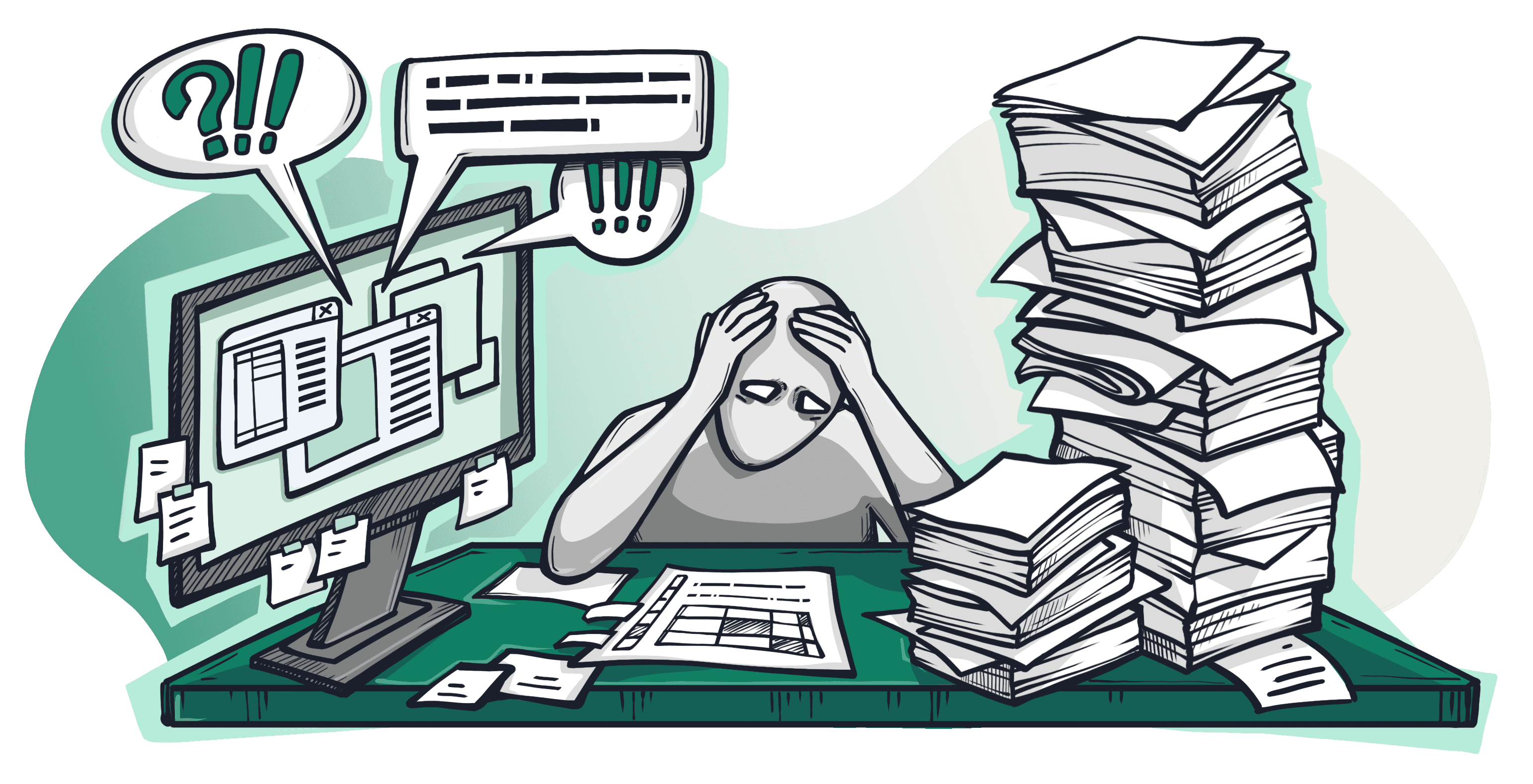 Illustration of a stressed contractor overwhelmed by paperwork, highlighting manual permit tracking pain points.