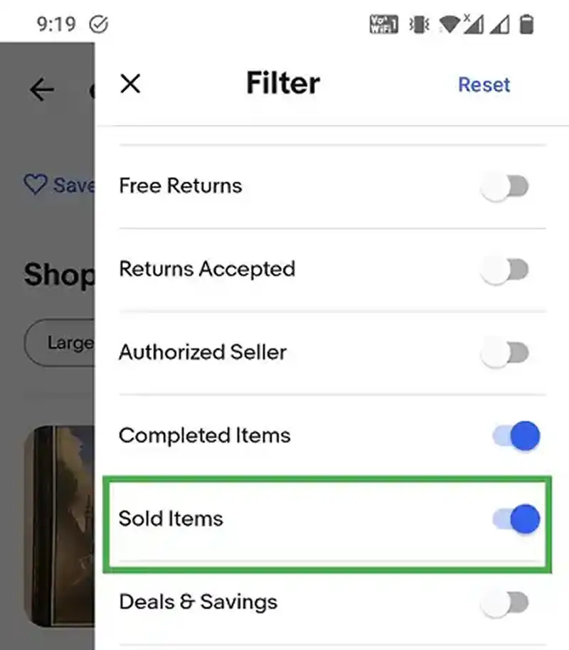 Mobile Sold Items Button on eBay