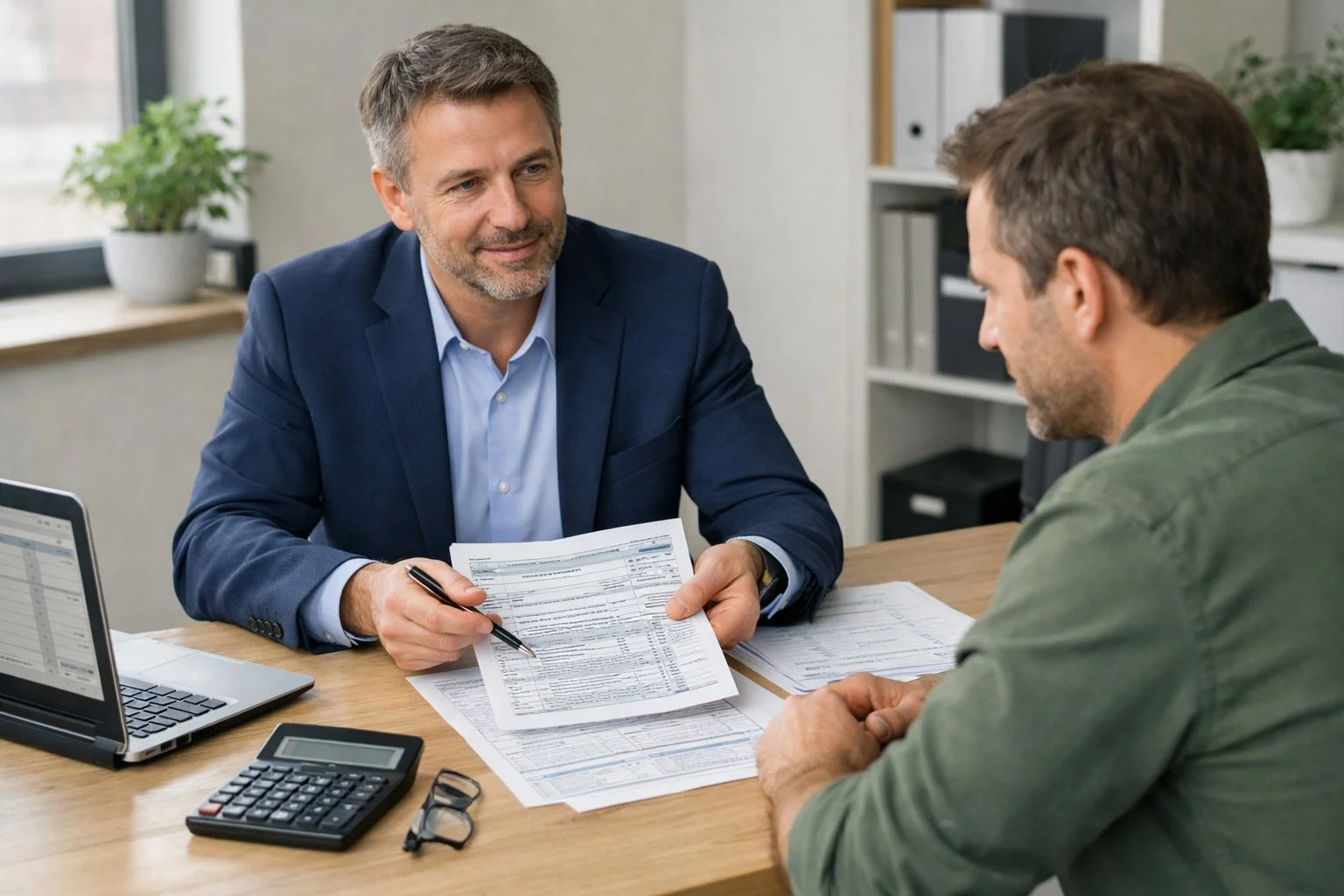 Accountant reviewing forms with a business owner after a deadline missed for tax in Great Neck Estates, NY