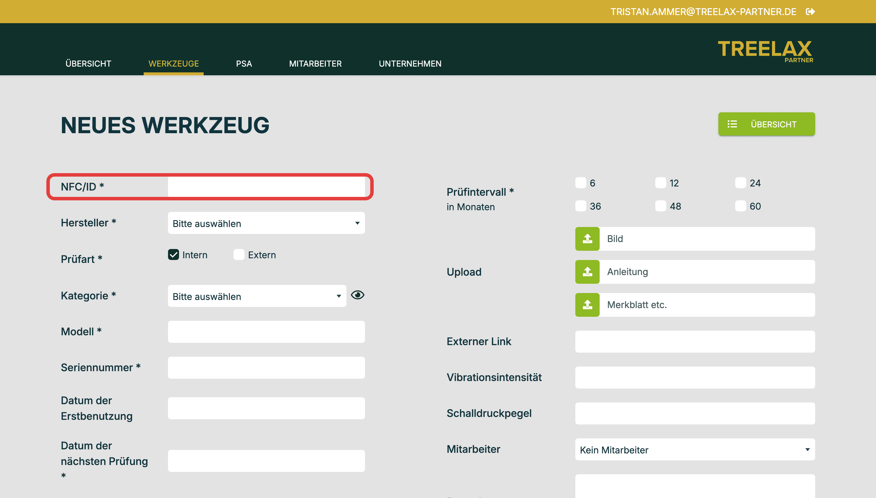 Die NFC/ID ist das Erkennungsmerkmal des Werkzeugs — jede Nummer nur einmal vergeben.