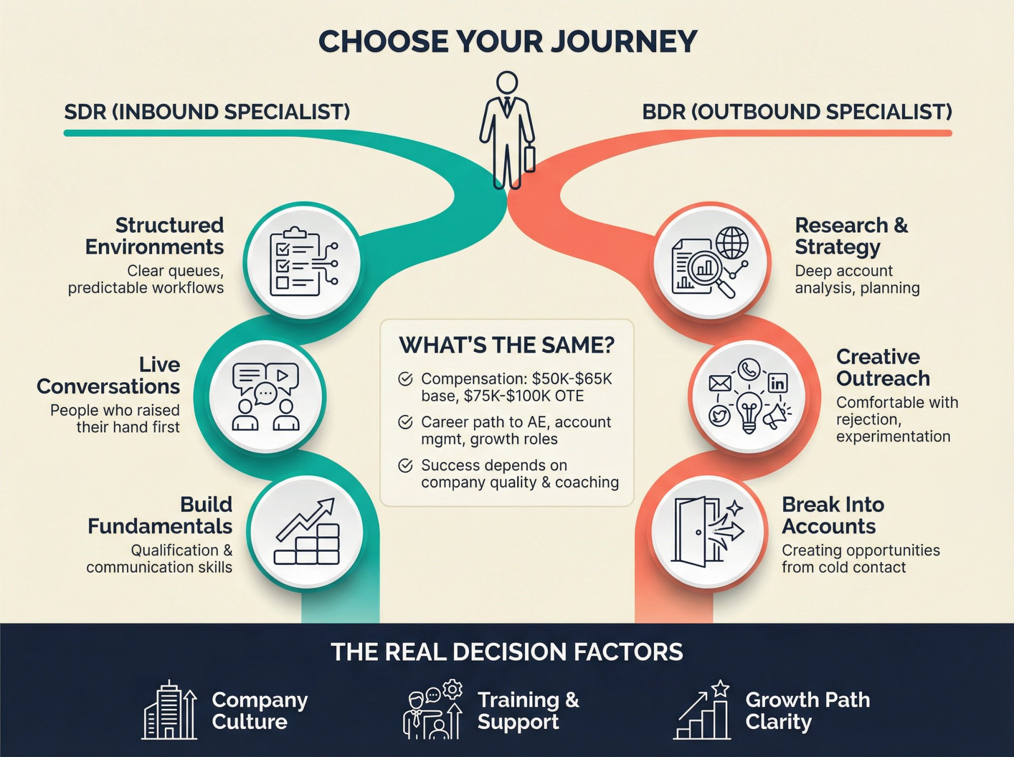 Split-path career decision infographic comparing SDR vs BDR personality traits, skills, and career trajectories for job seekers