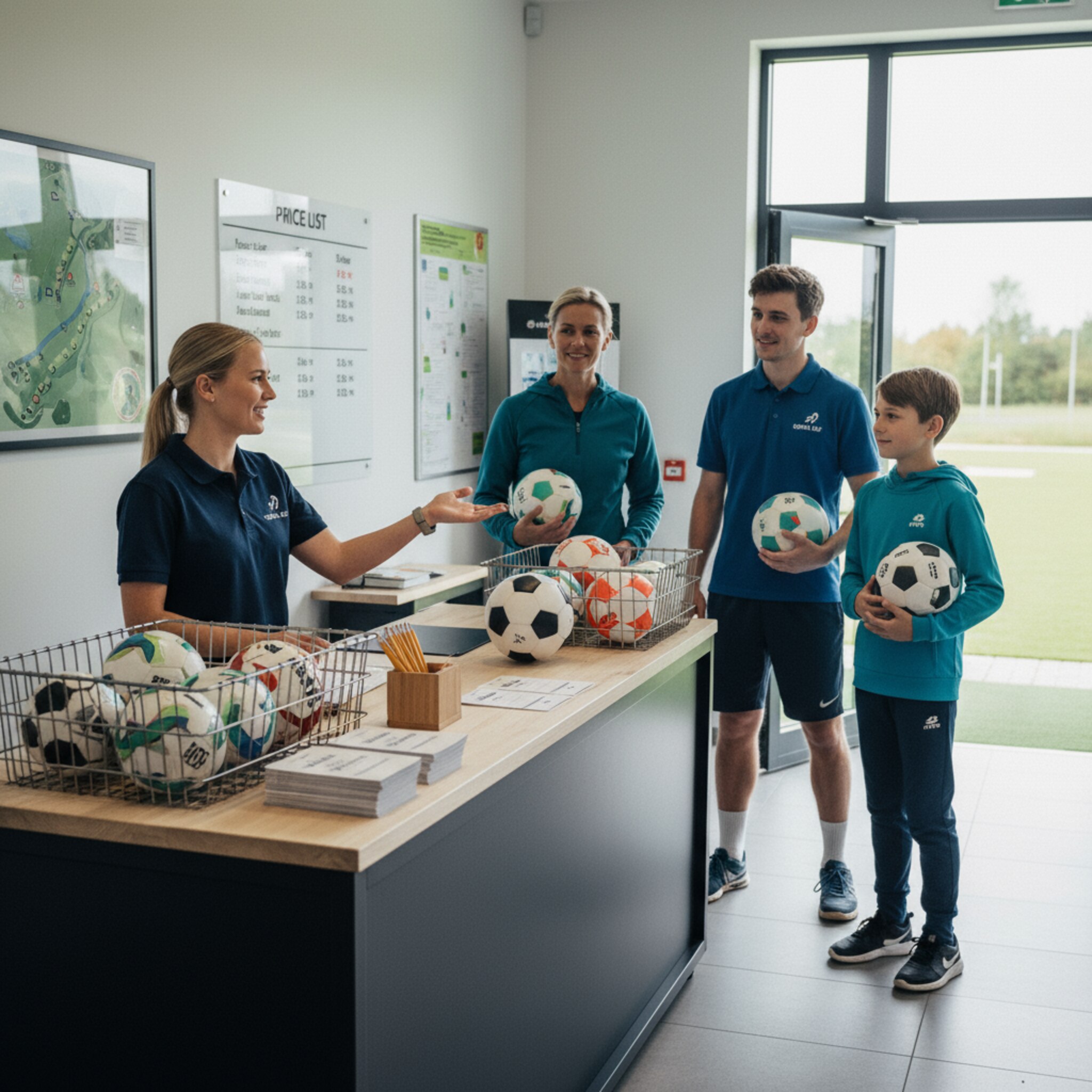 Am Counter liegen sortierte Bälle in Körben, daneben sauber gestapelte Scorecards und Stifte. Eine Mitarbeiterin übergibt einer Gruppe freundlich die Ausrüstung und erklärt kurz den Start. Die Atmosphäre ist strukturiert, freundlich und zügig.
