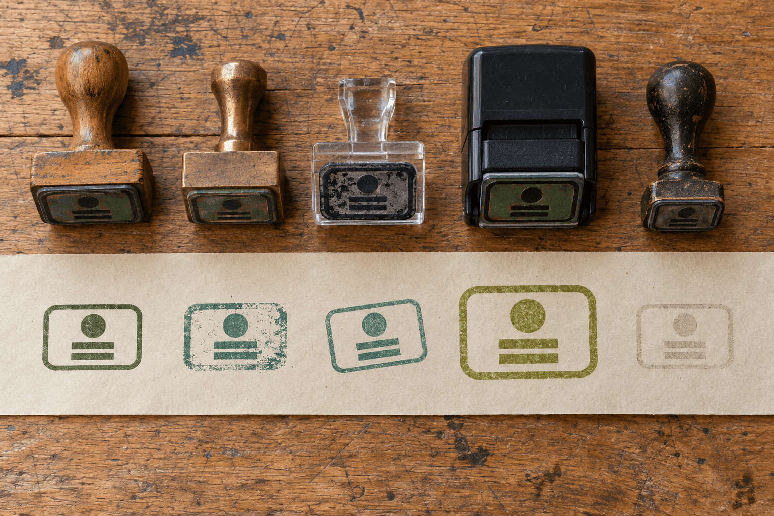 Five mismatched stamps printing the same label in drifting colors, a metaphor for stitching free AI tools with no shared brand memory