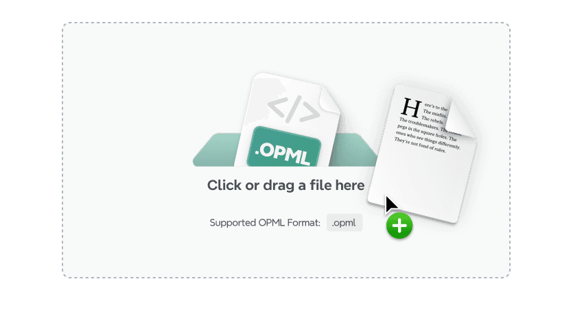 Step 1 illustration showing OPML file upload area for mind map conversion