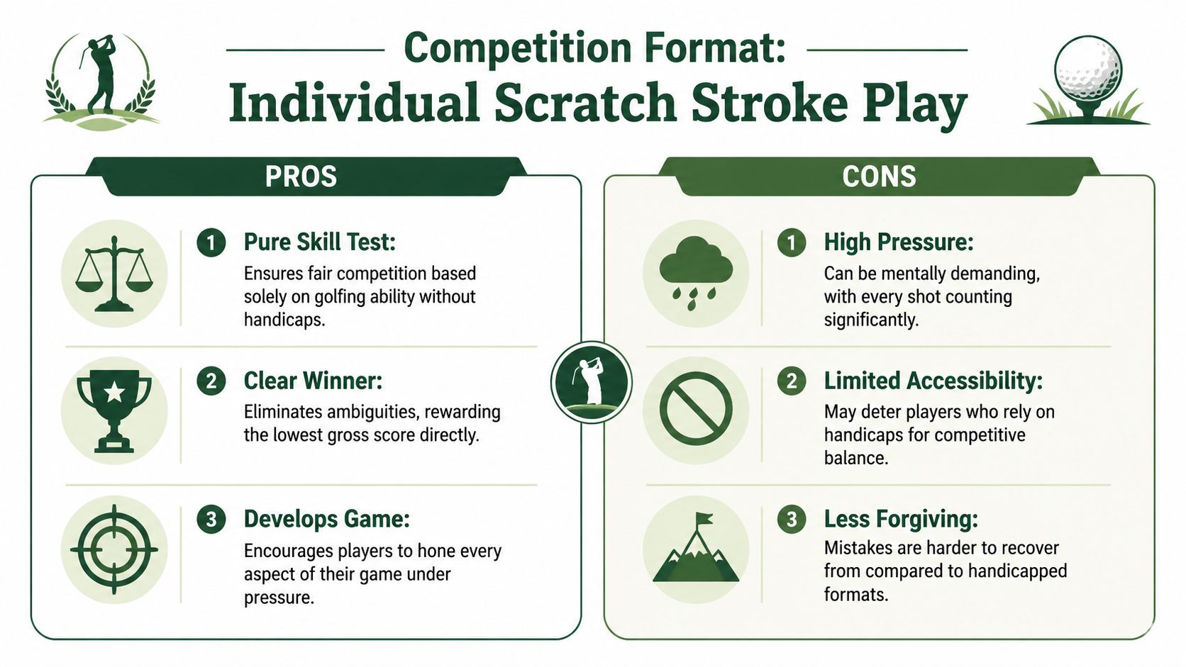 An infographic detailing the pros and cons of individual scratch stroke play in competitive golf tournaments.