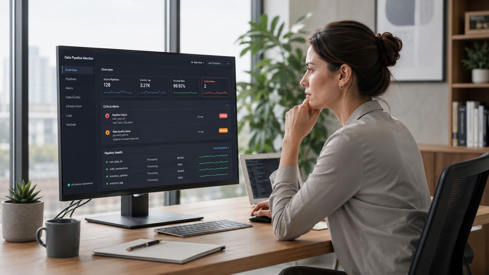 A professional data engineer monitors real-time pipeline status on a computer screen in a modern office workspace.