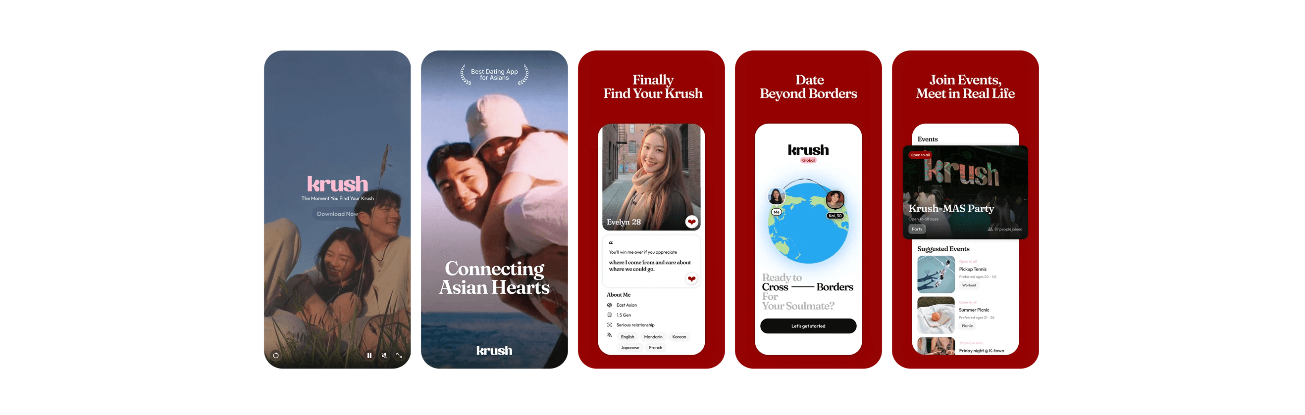 KRUSH's five App Store screenshots in a horizontal row, showing brand splash, "Connecting Asian Hearts," profile preview, Global feature with two pinned matches, and Events tab.