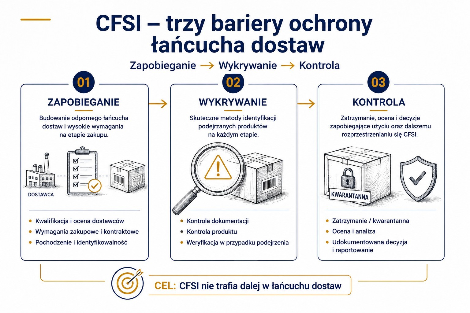 Schemat trzech barier ochrony przed CFSI w Nuclear Supply Chain: zapobieganie poprzez kwalifikację dostawców i wymagania zakupowe, wykrywanie podejrzanych produktów oraz kontrola obejmująca kwarantannę, ocenę i udokumentowaną decyzję.