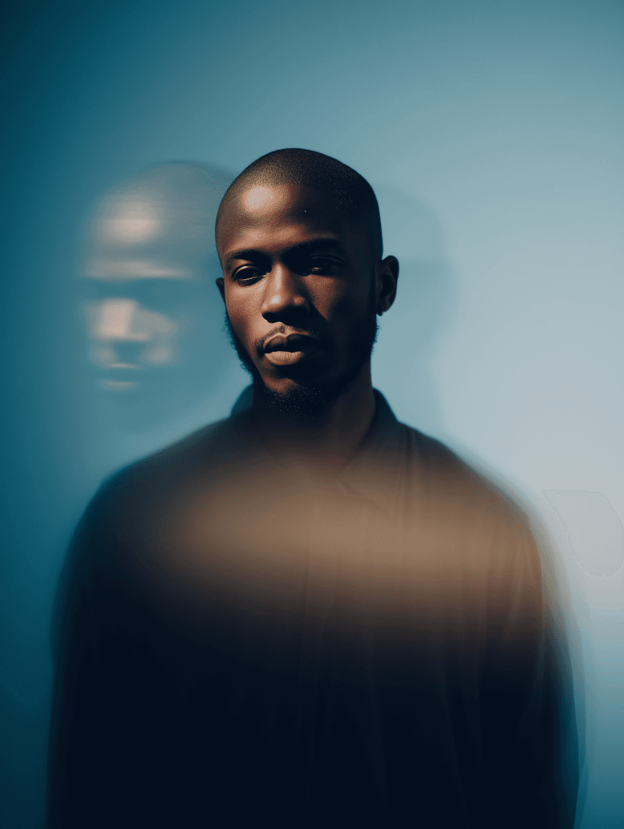 Portrait of a man with a motion blur effect against a light blue background.