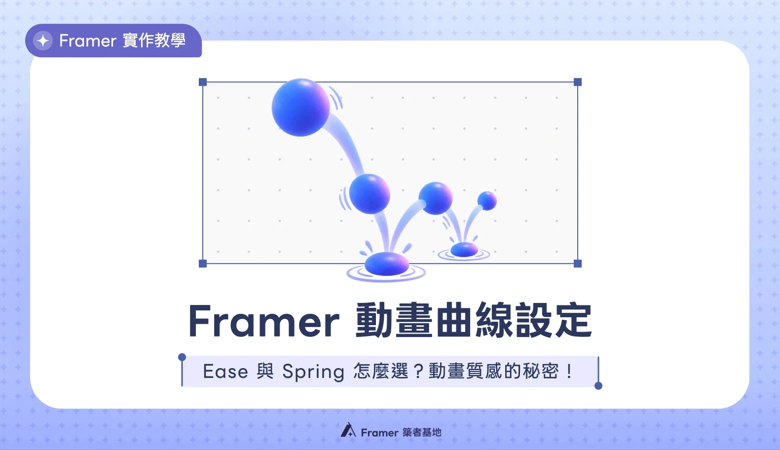 Framer 動畫曲線設定文章封面，展示藍紫色球體的彈跳動畫